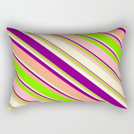 [ Thumbnail: Eye-catching Light Yellow, Purple, Light Salmon, Green & Light Pink Colored Stripes Pattern Rectangular Pillow ]