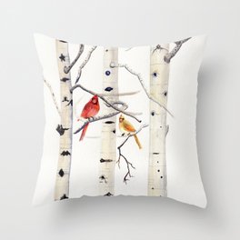Birch Trees and Cardinal Throw Pillow