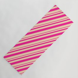 [ Thumbnail: Deep Pink and Tan Colored Lined/Striped Pattern Yoga Mat ]