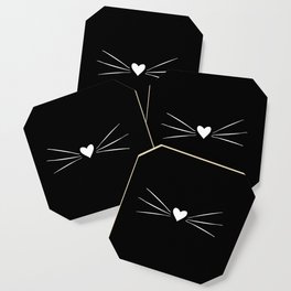 Cat Heart Nose & Whiskers White on Black Coaster