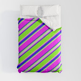 [ Thumbnail: Green, Light Gray, Fuchsia & Blue Colored Stripes/Lines Pattern Comforter ]