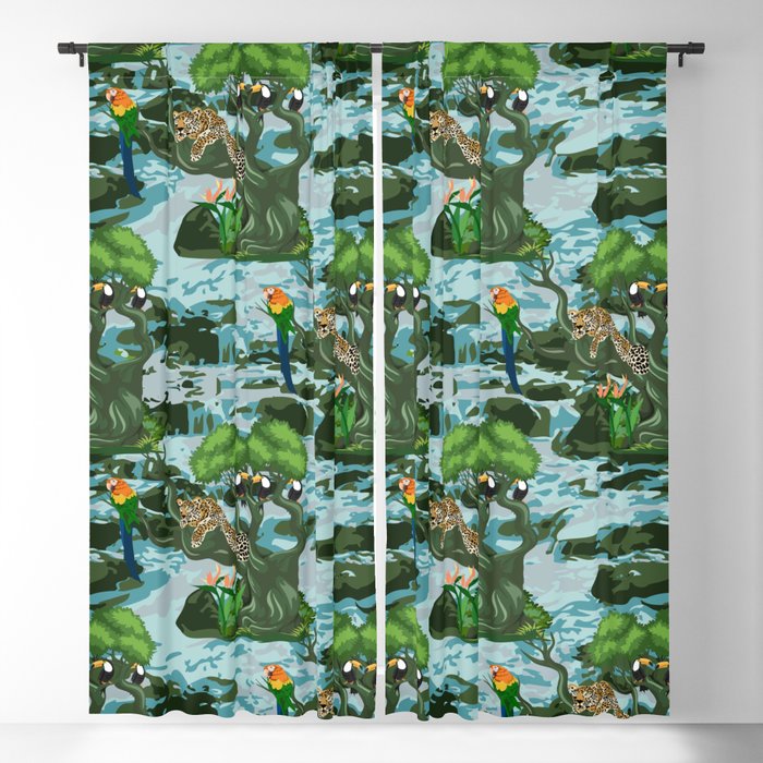 Tropical Rainforest with relaxed Leopard on tree, Macaw and Toucans Blackout Curtain