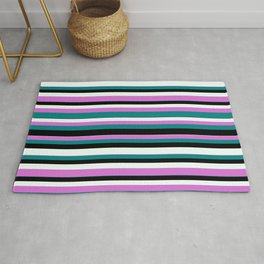 [ Thumbnail: Orchid, Teal, Black, and Mint Cream Colored Striped/Lined Pattern Rug ]