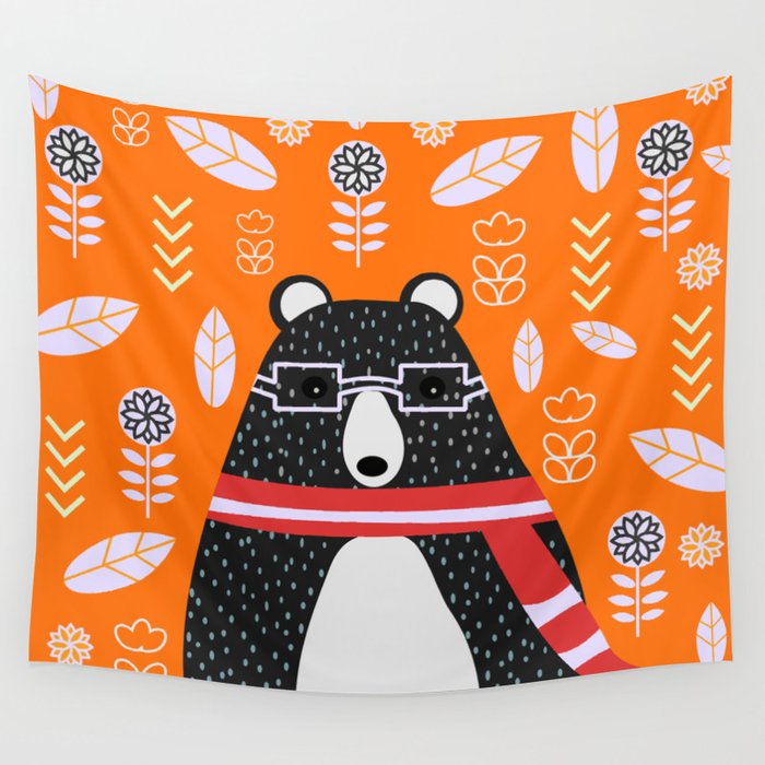 Bear in floral rain Wall Tapestry