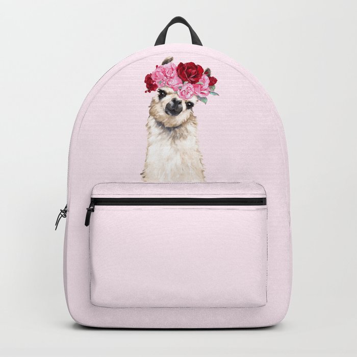 Llama with Pink Roses Flower Crown Backpack