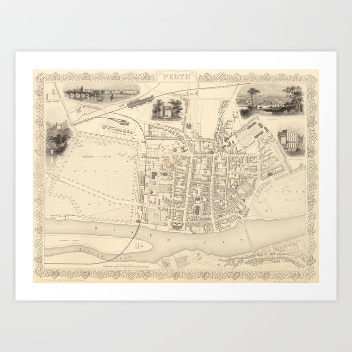 Vintage Map of Perth Scotland (1851) Art Print by BravuraMedia Society6