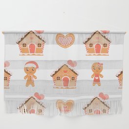 Christmas Gingerbread Man and Houses Seamless Pattern on White Background Wall Hanging