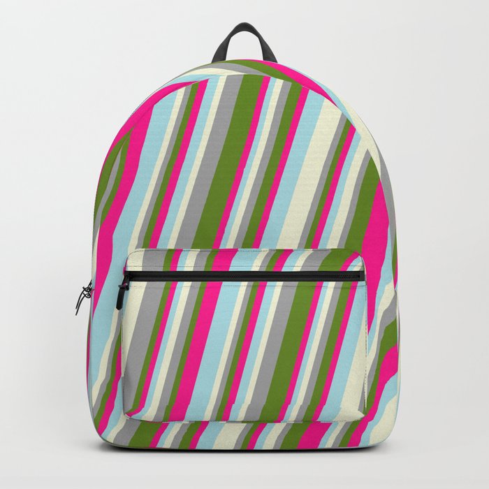 Beige, Dark Gray, Green, Deep Pink, and Powder Blue Colored Stripes Pattern Backpack