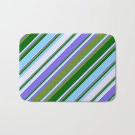 [ Thumbnail: Vibrant Medium Slate Blue, Green, Dark Green, Light Sky Blue & Lavender Colored Stripes Pattern Bath Mat ]
