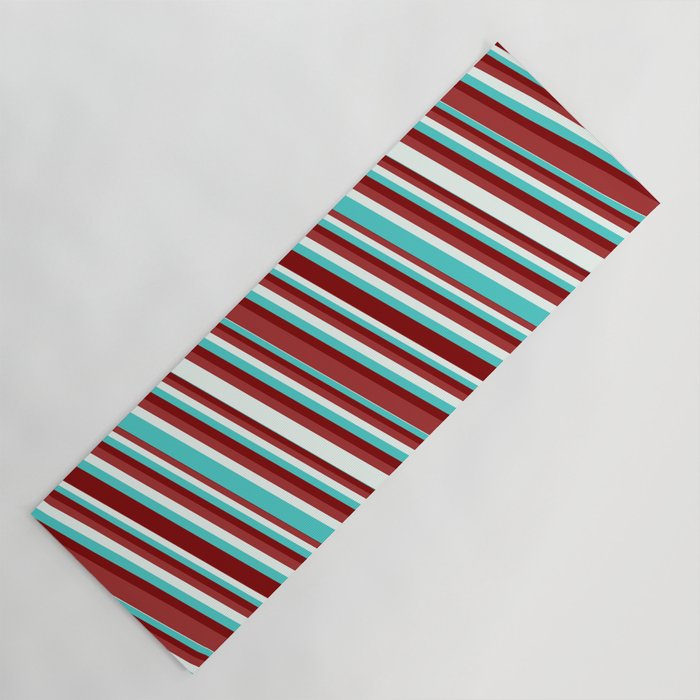 Turquoise, Maroon, Brown & Mint Cream Colored Pattern of Stripes Yoga Mat