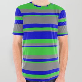 [ Thumbnail: Blue, Lime Green & Gray Colored Lined/Striped Pattern All Over Graphic Tee ]