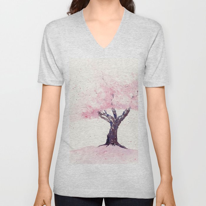 Spring in Pink , Cherry Blossm, Art Watercolor Painting by Suisai Genki  V Neck T Shirt