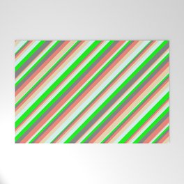 [ Thumbnail: Vibrant Gray, Salmon, Tan, Light Cyan & Lime Colored Striped Pattern Welcome Mat ]