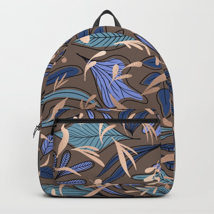 Blue Gold Espresso Floral Leaves Pattern Backpack