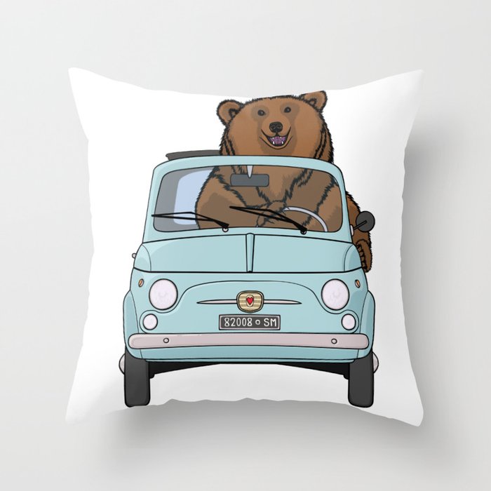 A smiling bear driving a small light blue car Throw Pillow by