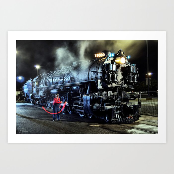 Signaling With Lantern. Lantern Up. UP 9000. Union Pacific. Steam Train Locomotive. © J. Montague. Art Print