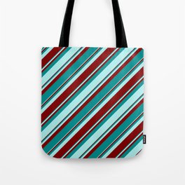 [ Thumbnail: Maroon, Dark Cyan & Turquoise Colored Pattern of Stripes Tote Bag ]