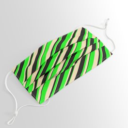 [ Thumbnail: Beige, Black & Lime Colored Lined/Striped Pattern Face Mask ]