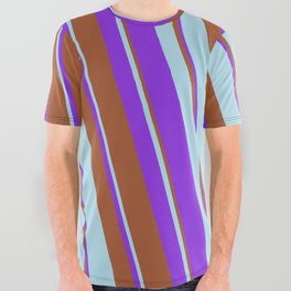 [ Thumbnail: Sienna, Light Blue & Purple Colored Lines/Stripes Pattern All Over Graphic Tee ]