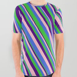 [ Thumbnail: Pink, Royal Blue, Lime Green, and Indigo Colored Lined/Striped Pattern All Over Graphic Tee ]