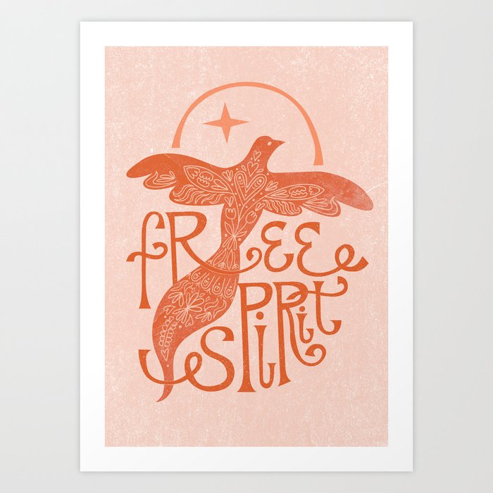 Free Spirit Quote and Freedom Bird Illustration in Orange and Pink Art Print
