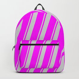 [ Thumbnail: Light Gray and Fuchsia Colored Striped/Lined Pattern Backpack ]