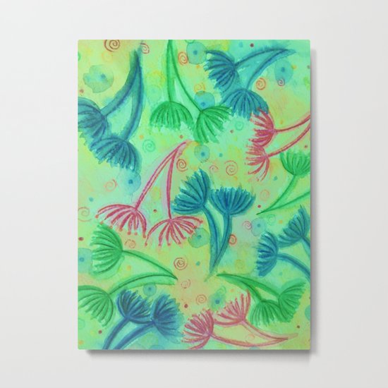 COW PARSLEY - Bright Cherry Acid Green Teal Blue Nature Floral Abstract Watercolor Painting Pattern Metal Print