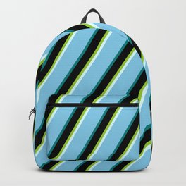 [ Thumbnail: Eye-catching Green, Light Cyan, Sky Blue, Teal & Black Colored Stripes/Lines Pattern Backpack ]