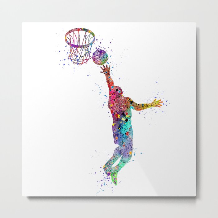 Basketball Boy Player With Hoop Watercolor  Metal Print