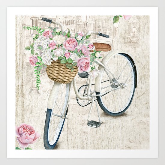 White bike & roses Art Print