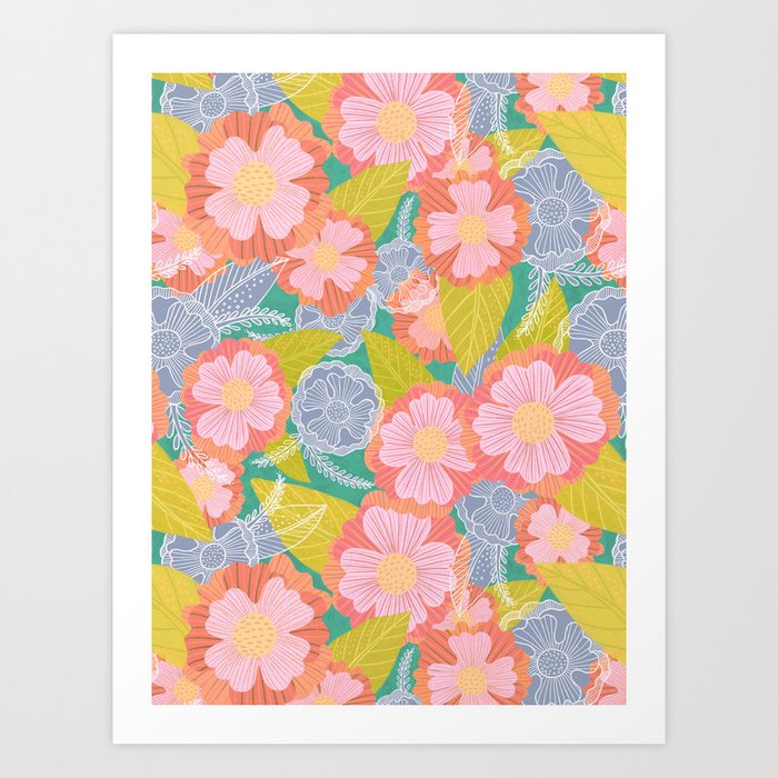 Floating Flowers in Pink and Green Art Print
