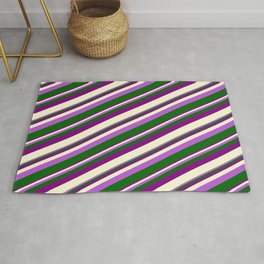 [ Thumbnail: Orchid, Dark Green, Purple, and Light Yellow Colored Stripes Pattern Rug ]