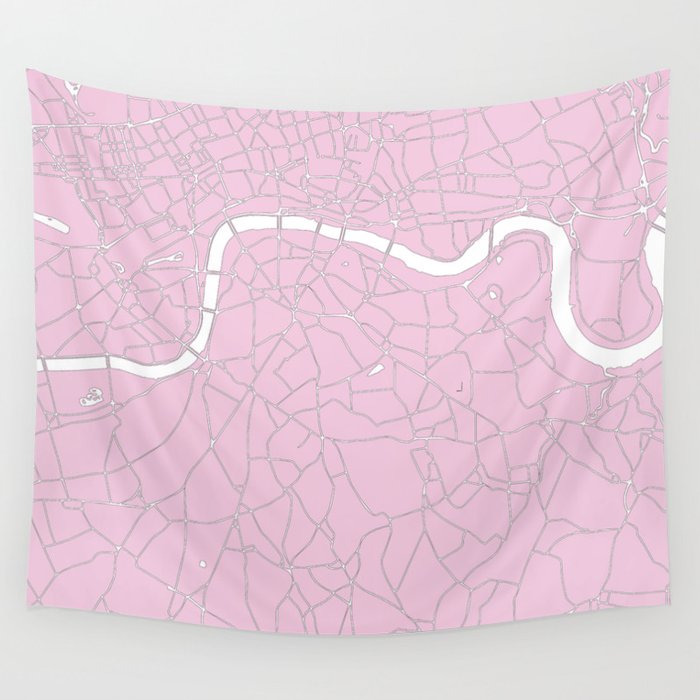 London Pink on White Street Map Wall Tapestry