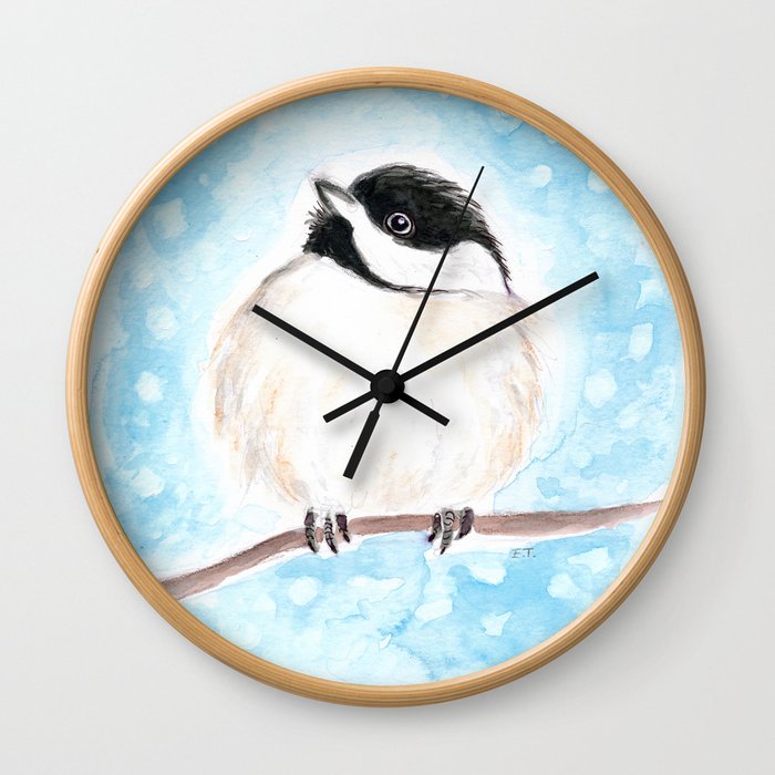 Cute Chickadee Watercolor Wall Clock