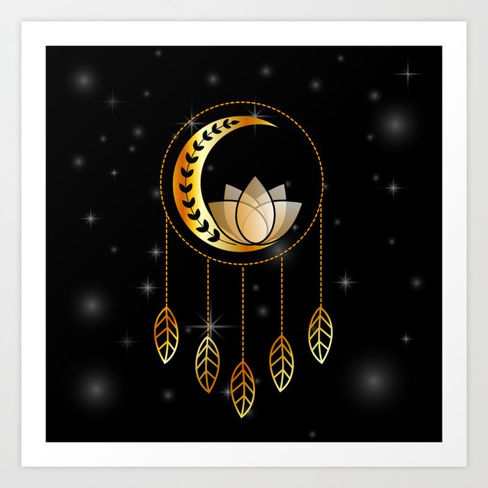 Mystic lotus dream catcher with feathers and foliage in gold Art Print