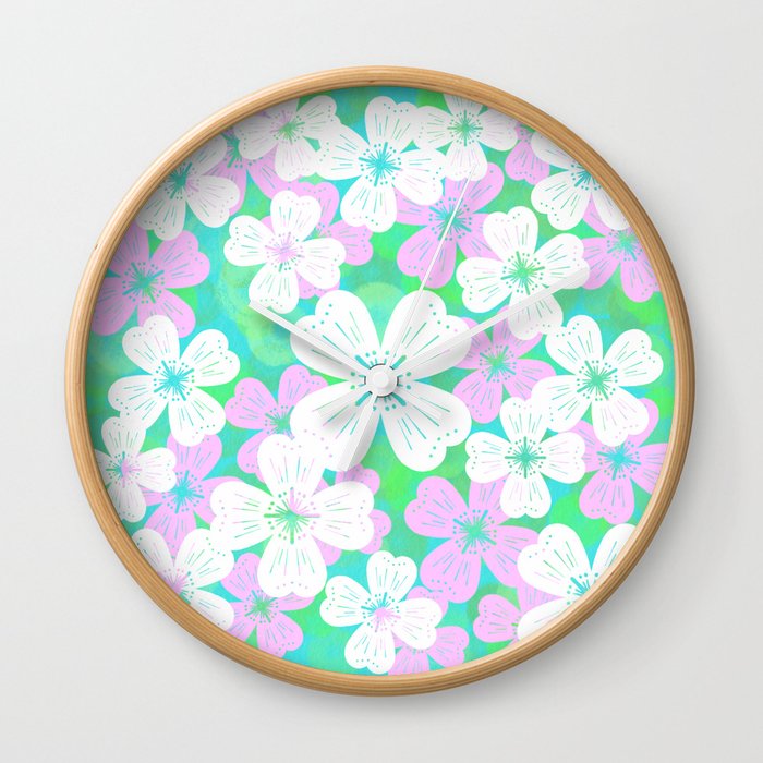 70’s Desert Flowers Pink and Turquoise Wall Clock