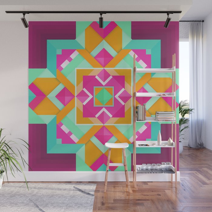 Geometric Tribal Mandala Inspired Modern Trendy Vibrant Mint Green Maroon Wine Hot Pink Orange Wall Mural