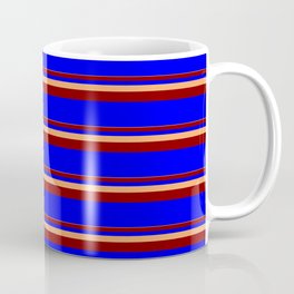 [ Thumbnail: Brown, Maroon, and Blue Colored Lined Pattern Coffee Mug ]