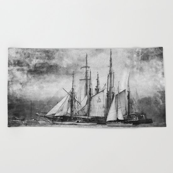 black and white ship Beach Towel