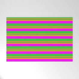 [ Thumbnail: Lime Green, Orange, and Fuchsia Colored Lined Pattern Welcome Mat ]
