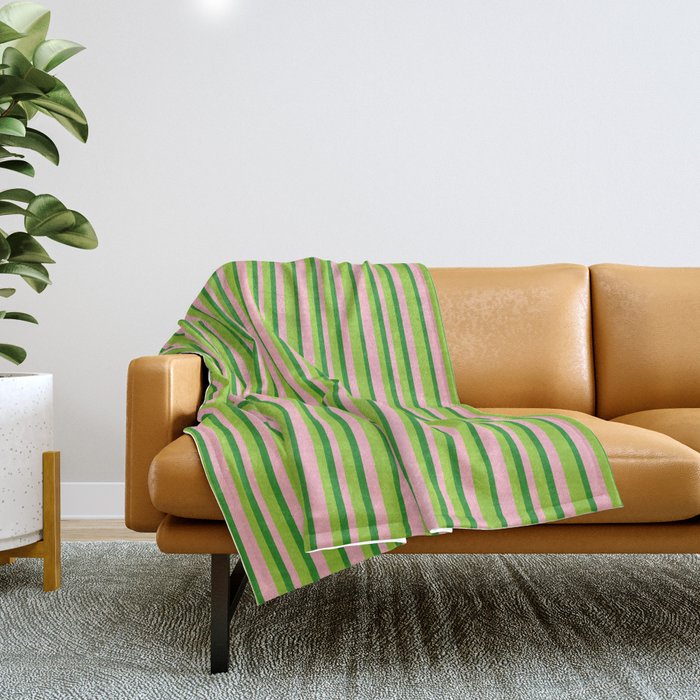 Light Pink, Green & Forest Green Colored Lines Pattern Throw Blanket