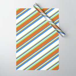 [ Thumbnail: Blue, White, Light Green, and Chocolate Colored Lined Pattern Wrapping Paper ]