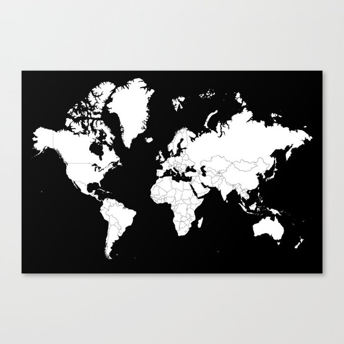 Minimalist World Map White on Black Background. Canvas Print
