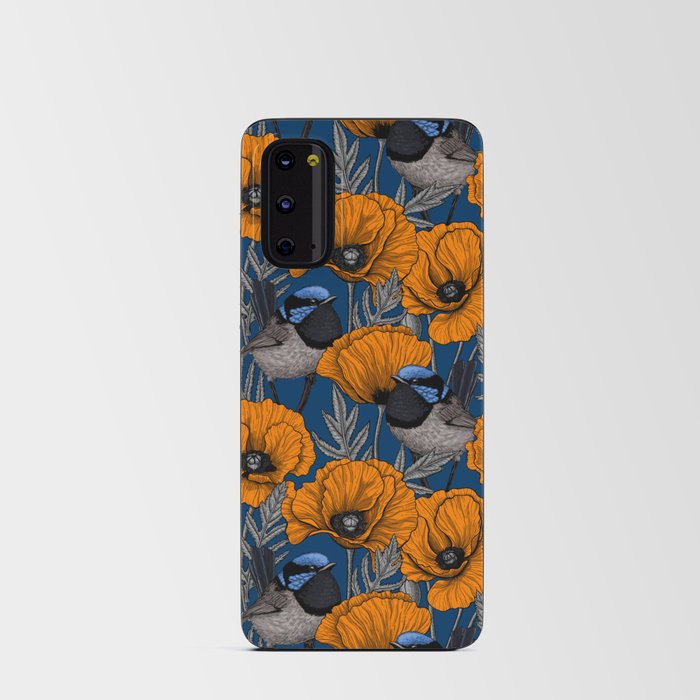 Fairy wrens and orange poppy flowers on dark blue Android Card Case