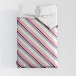 [ Thumbnail: Indigo, Dark Grey, Mint Cream, and Light Pink Colored Lines Pattern Comforter ]
