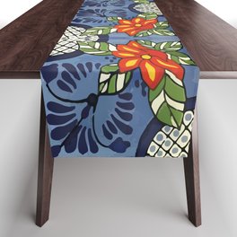 Vintage boho chic blue flower colorful mexican tile folk art  Table Runner