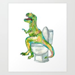 T-rex in the bathroom dinosaur painting watercolour Art Print