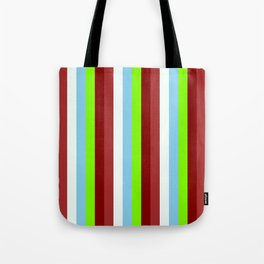 [ Thumbnail: Colorful Brown, Mint Cream, Sky Blue, Green, and Maroon Colored Stripes/Lines Pattern Tote Bag ]