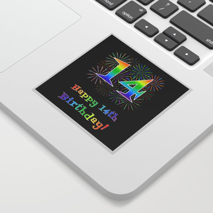 14th Birthday - Fun Rainbow Spectrum Gradient Pattern Text, Bursting Fireworks Inspired Background Sticker