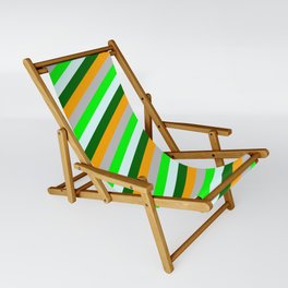 [ Thumbnail: Vibrant Light Cyan, Dark Green, Orange, Grey & Lime Colored Lined/Striped Pattern Sling Chair ]